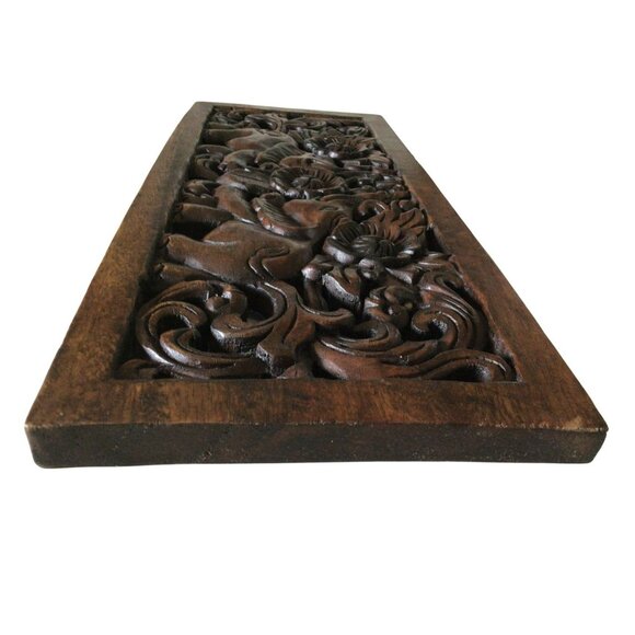 Vintage Ornate Hand Carved Wooden Elephant Floral Wall Panel Made in Thailand - Picture 9 of 16